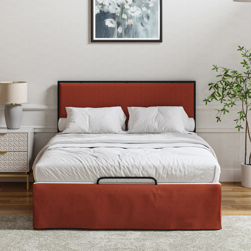 Lit plateforme tapissier Neilius avec housse lavable, Simple, Corail uni