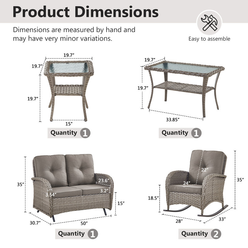 This Handcrafted 5-Piece Outdoor Seating Group Infuse Your Porch Or Patio With Timeless Charm And Natural Elegance. The Set Includes A Glider Loveseat,  2 Classic Rocking Armchairs, A Side Table And A Coffee Table, Hand Woven PE Wicker Paired With A Curv