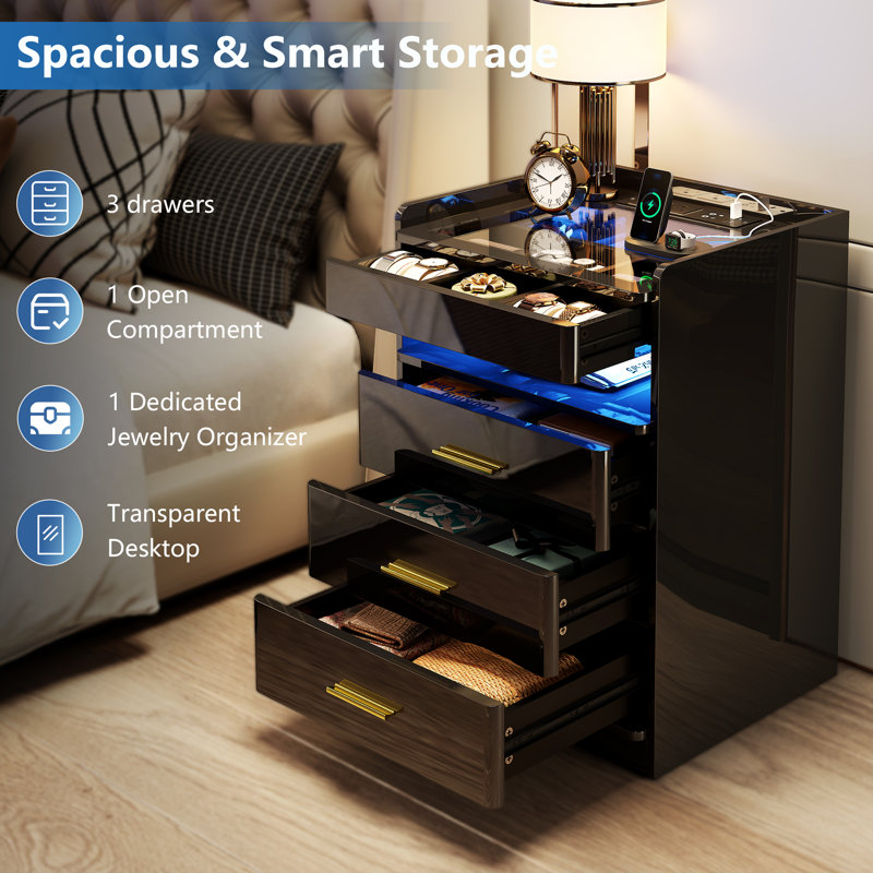45 cm W Bedside Table, Piano Black