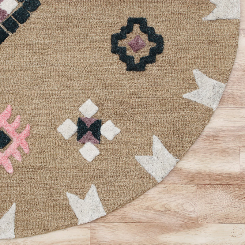 Tapis taupe / noir / rose fait à la main Del Mar, Rond 5 pi
