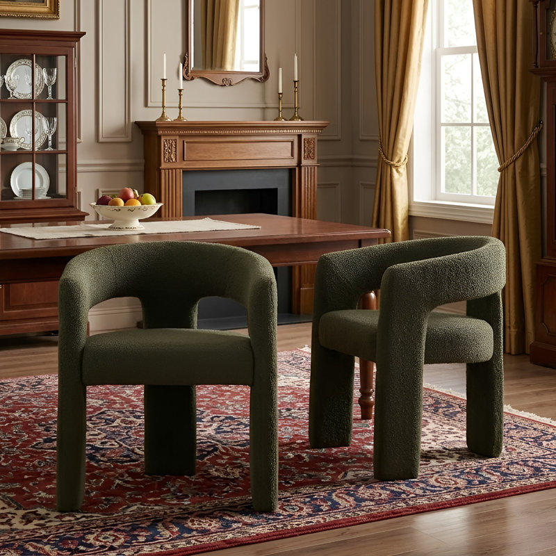 Modern Upholstered Barrel Dining Chairs, Antique Green Sherpa