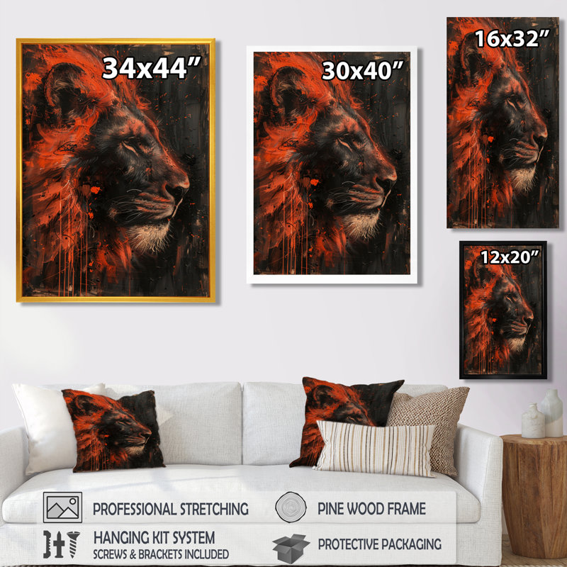 Noir, rouge, astrologie, Royaume du Lion II, Encadrement argenté, 40" H x 30" W