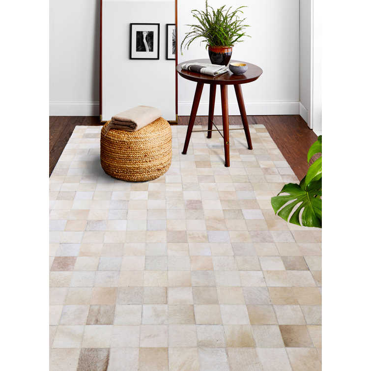 Saranda Geometric Hand-Stitched Leather Area Rug in Camel