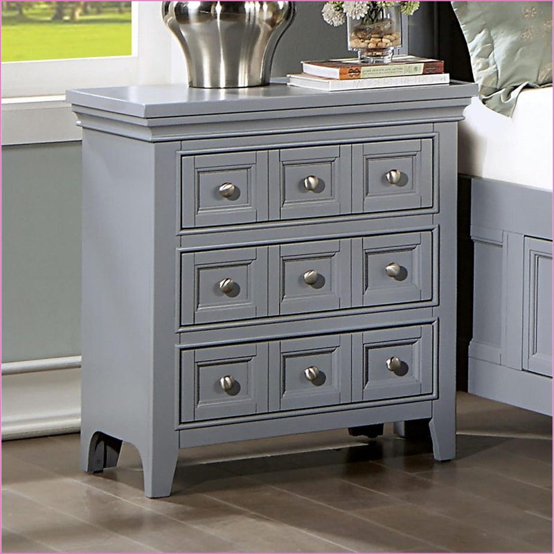 Transitional Gray Solid Wood 3-Drawer Bedroom Nightstand