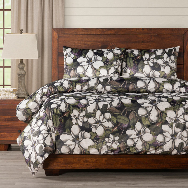 Magnolia Floral Print Duvet Cover Set, California King Duvet Cover + 2 King Shams