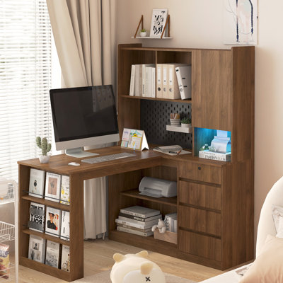 Computer Desk With Charging Function, Drawers, And Bookshelf, L-shaped Design For Space Utilization, Large Desktop Office Equipment Writing , Led , Modern Design,
