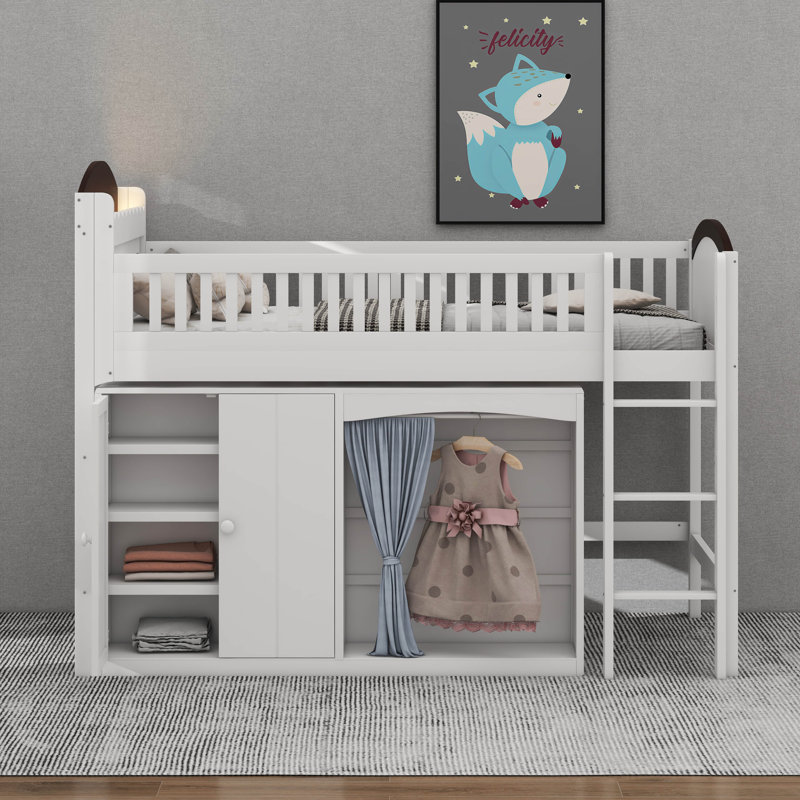 Loft Bed With Storage Cabinet, Wood Loft Bed Frame With LED Light & Wardrobe, Twin, White/Espresso