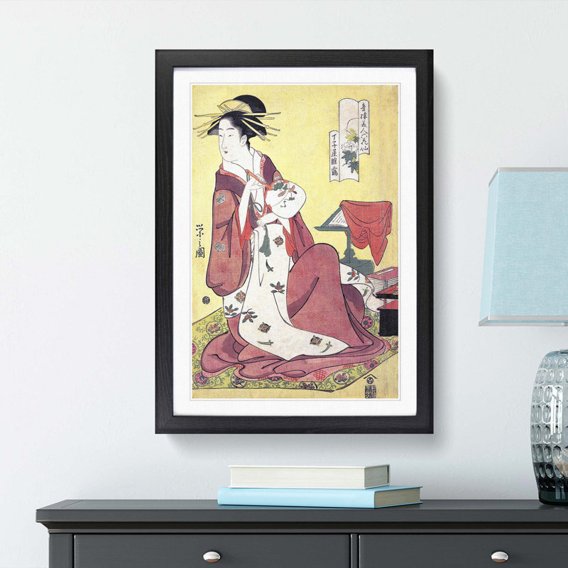 Lady with a Fan by Chobunsai Eishi - Picture Frame Painting Print, 65cm H x 48cm W x 2cm D, Black Framed