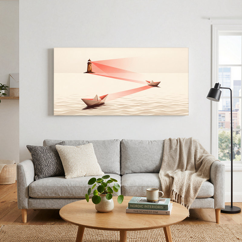 Art mural sur toile, "Phare rouge brillant sur des bateaux en papier", L 40 po x H 20 po