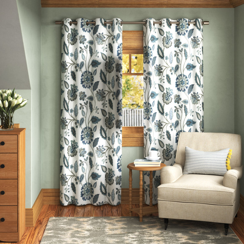 Aqua Floral Jacquard Room Darkening Grommet Curtains