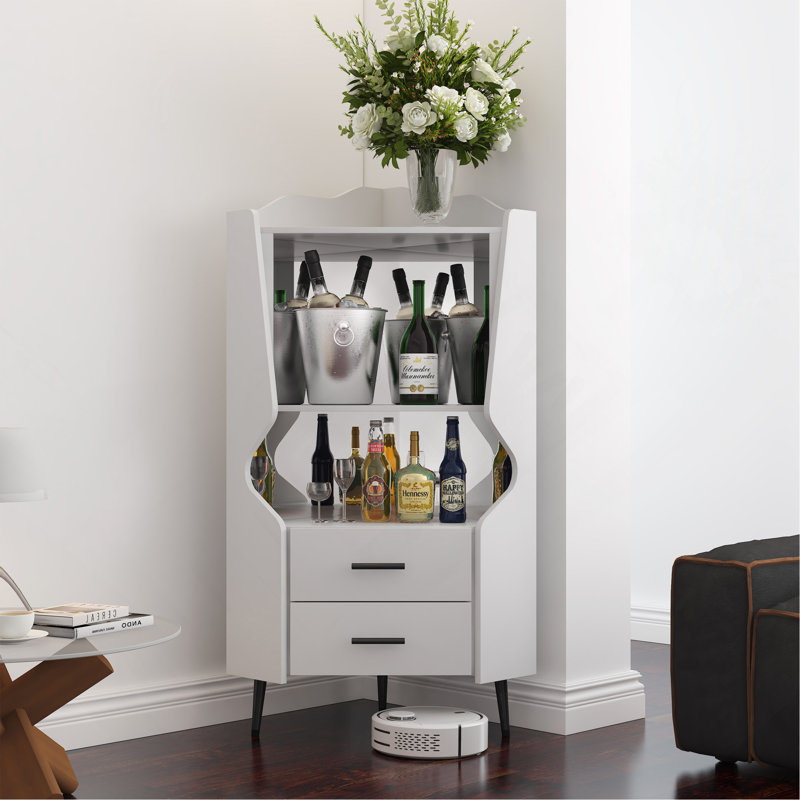 Sideboard Wooden Corner Bar Cabinet With 2 Open Storage Shelves And 2-Drawers, Mirrored Back Cabinet, High Feet/Legs For Easy Cleaning, Buffet Cabinet White