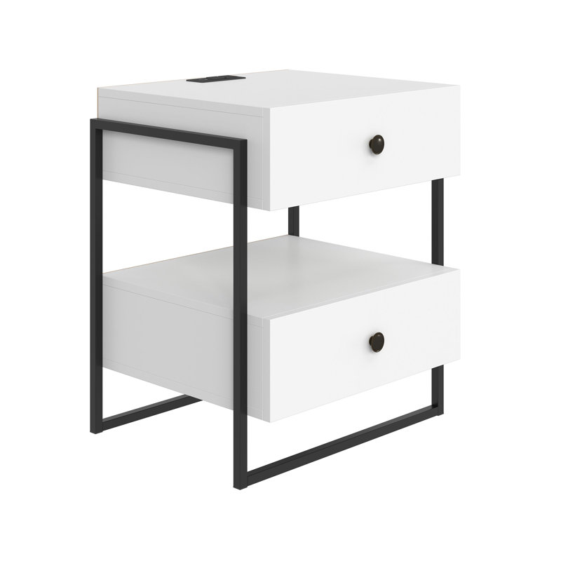 Table de chevet 2 tiroirs Boyd Sleep Pesaro Modern avec station de charge USB et prises de courant, Pesaro, Blanc