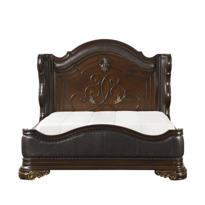 Grand lit royal traditionnel rembourré en bois sculpté clouté garniture à oreilles cerisier foncé finition formelle élégante mobilier de chambre 1pc