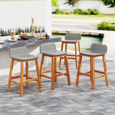 Solid Acacia Wood Bar Stools Set of 4 Rattan Bar Height Patio Chairs for Porch