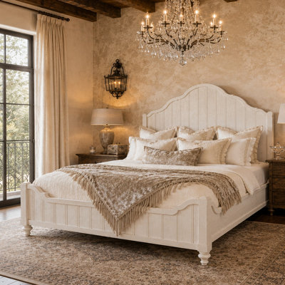 Elegant Cement White Finish Queen Panel Bed with Turned Legs