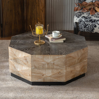 Table basse octogonale, table centrale en bois de style rétro de 38 po avec motif en relief tridimensionnel, grande table basse de centre de table ronde rustique pour le salon