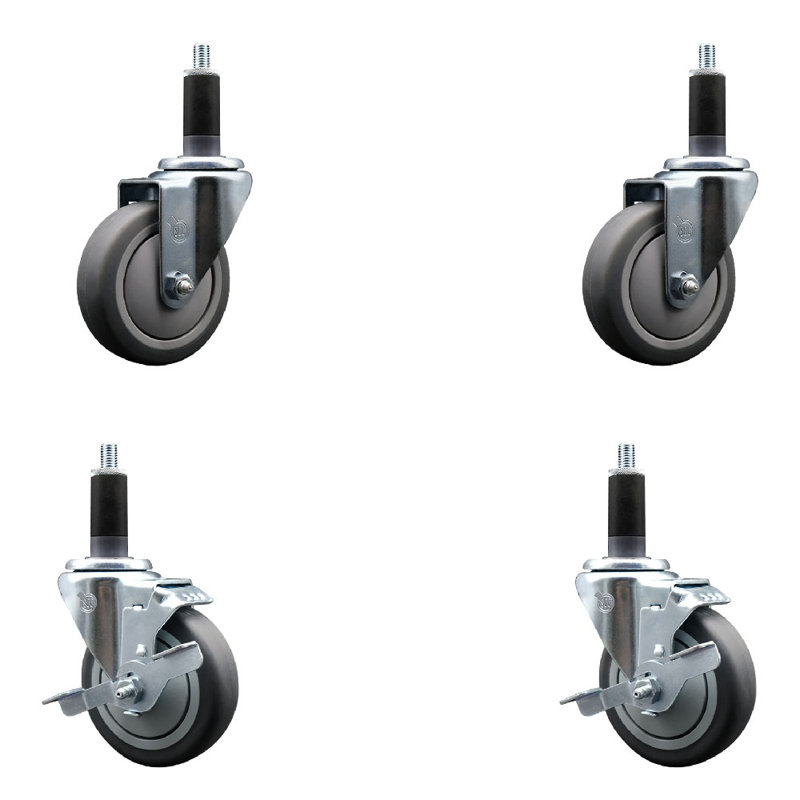 4 Inch SS Thermoplastic Rubber Wheel Swivel 1-1/8 Inch Expanding Stem Caster Set 2 Brakes SCC