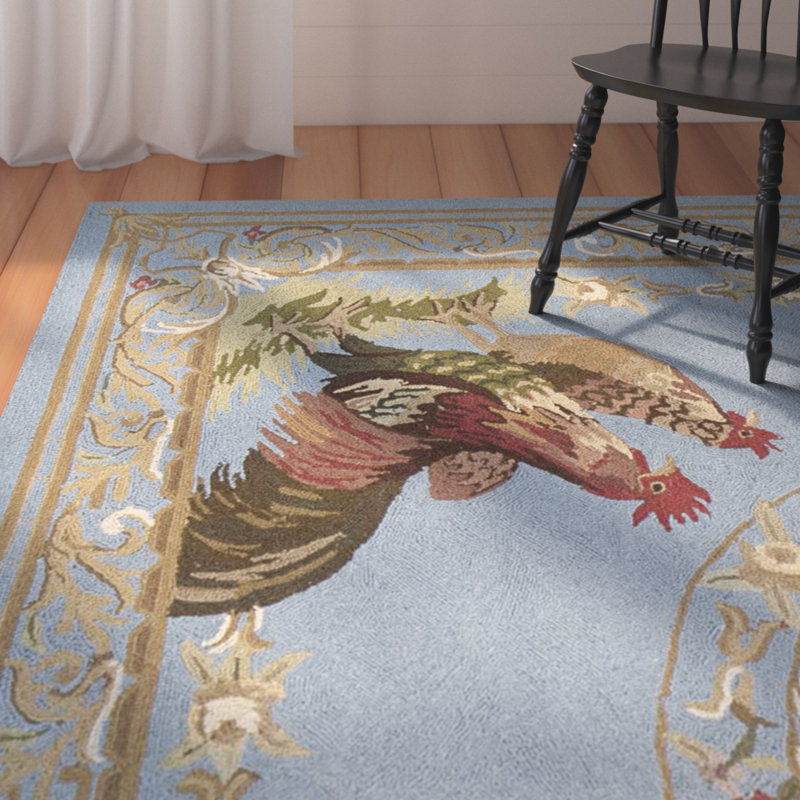Tapis bleu / beige en laine crocheté à la main Brockton, Carré 8 pi