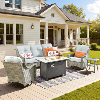 Daliya 5 - Person Outdoor Wicker Patio Conversation Furniture Set With Fire Pit Table And Swivel Rocking Chairs