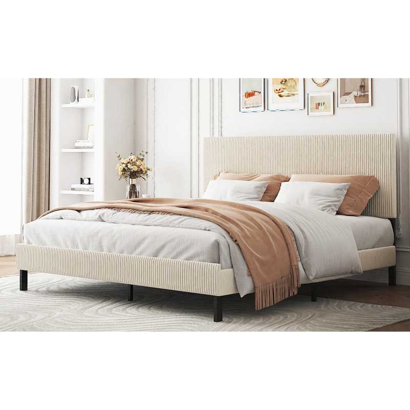 Beige King Bed Frame With Headboard - Metal For High Stability, Comfortable Sleep, Easy Bedroom Setup Size Bandaged Iron Frame, Noiseless Modern Decor
