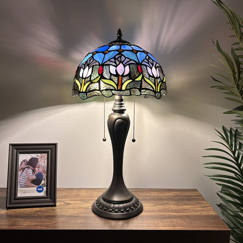 Hamal Tiffany Table Lamp Blue Purple Stained Glass Tulips, LED Bulbs Included 22" H x 12" W
