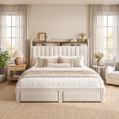 Francille Queen Size Upholstered Bed Frame with Rivet Decoration, 2 Underbed Drawers, 2-Tier Storage Headboard with Side Pockets, No Box Spring Needed