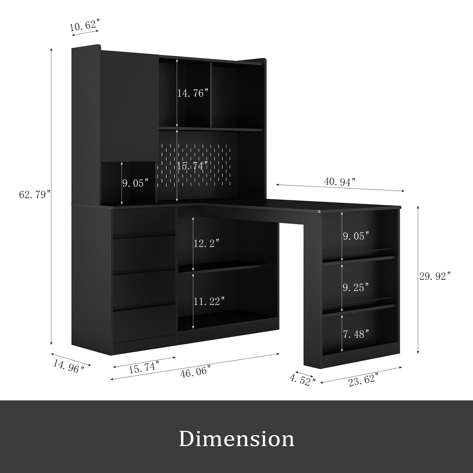 Writing desk with drawer bookshelf and charger, modern L-shaped desk with storage space, corner gaming computer desk