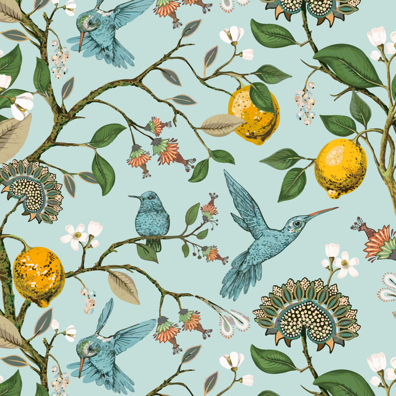 Fancy Hummingbird Patterned Room Darkening Curtain,Rod Pocket Back Tab Floral Drapes,Set of 2, 52" W x 90" L, MintGreen