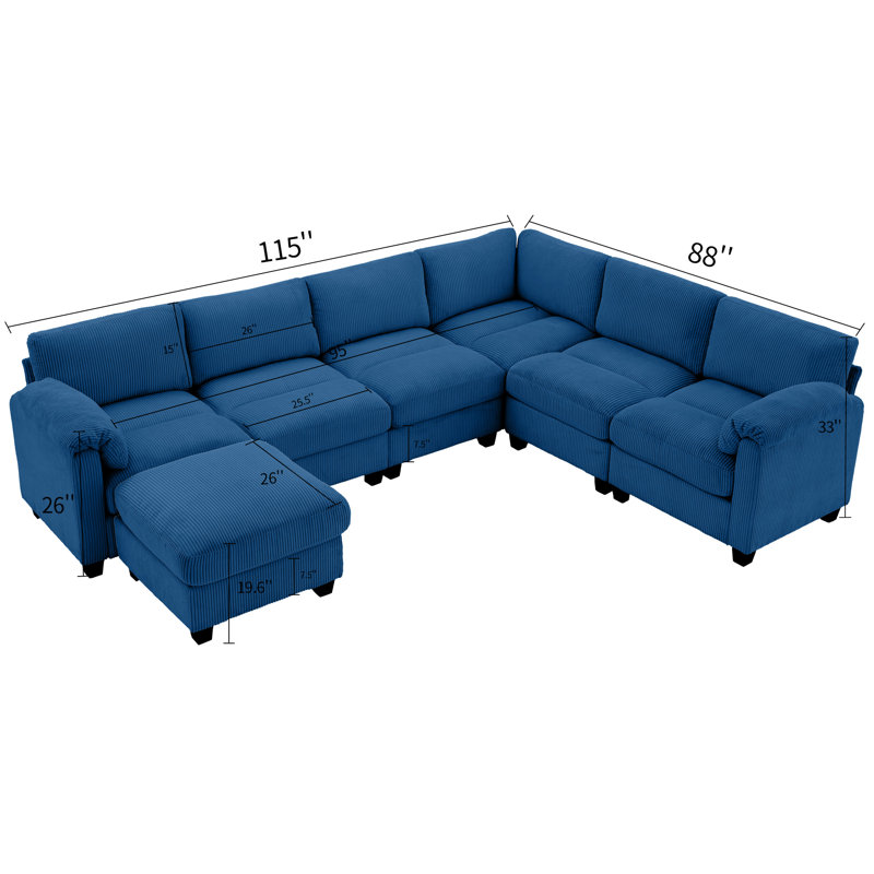 7-Piece Upholstered Corduroy Sectional, Navy