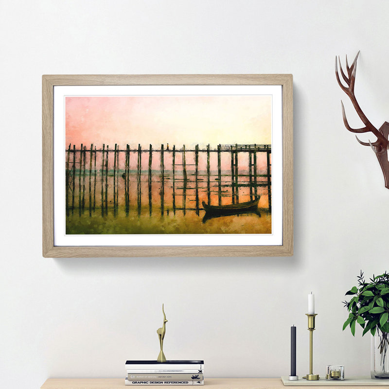 U Bein Bridge in Myanmar - Picture Frame Painting Print, 33cm H x 45cm W x 2cm D, Oak Framed