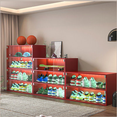 Red Glass Door Shoe Box Shoe Storage Cabinet For Sneakers With RGB Led Light