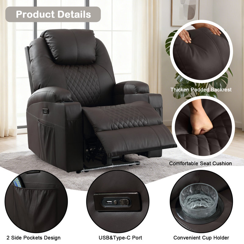 Power Recliner Chair with Heat and Massage for Adults - Home Theater Seating with LED Lights,Cup Holders,Side Pocket,USB Port - Recliner Sofa for Living Room