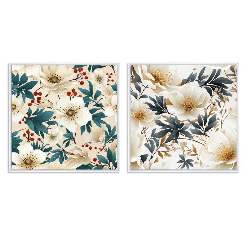 Coastal Tranquil Florals Collage Unveilé III - Ensemble de 2 collages floraux carrés, Cadre flottant blanc, H 36 po x l 73 po