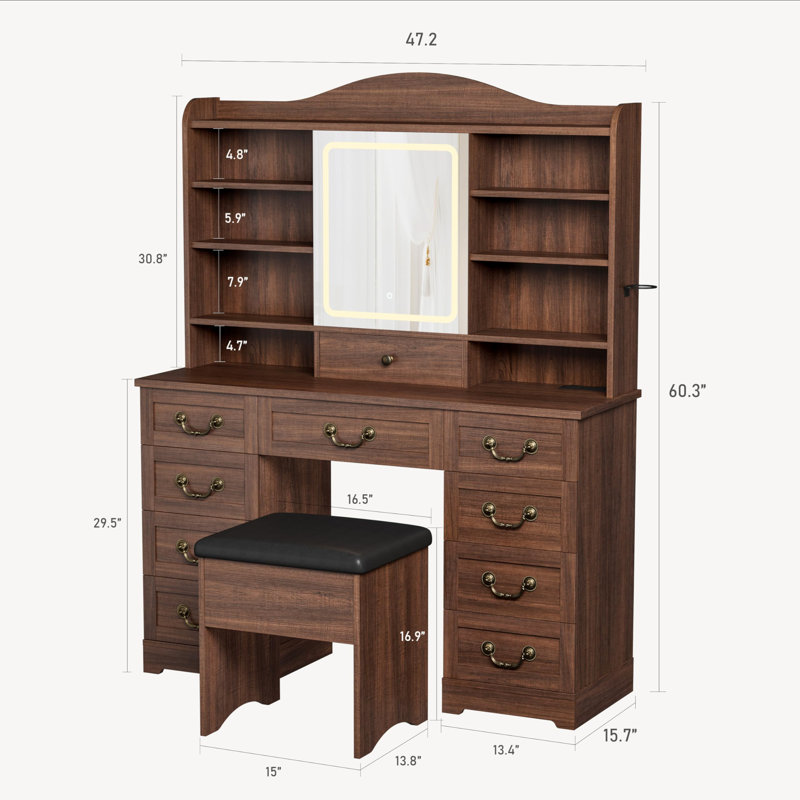 Vanity Desk with Power Outlet, Chair, Mirror, 10 Drawers and 8 Storage Shelves for Bedroom, Brown/Brown
