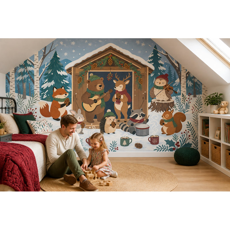 Fresque murale Animaux de la forêt en hiver Forêt musicale Décoration de chalet de Noël, 200"x120", Non-Woven Nonpasted