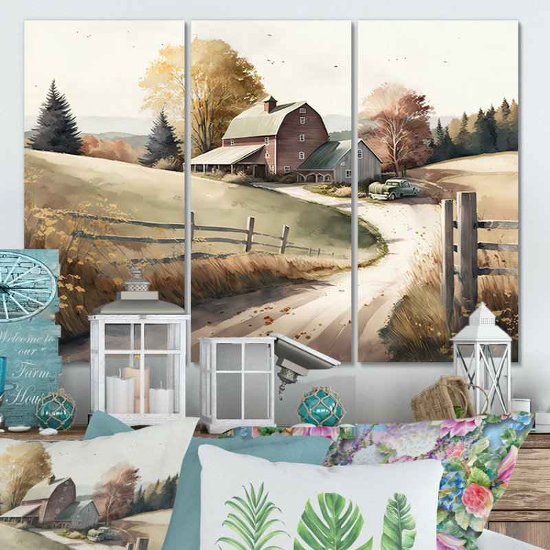 Chemin vers la grange IV - ensemble d'art mural sur toile, H 28 po x l 36 po, Toile tendue
