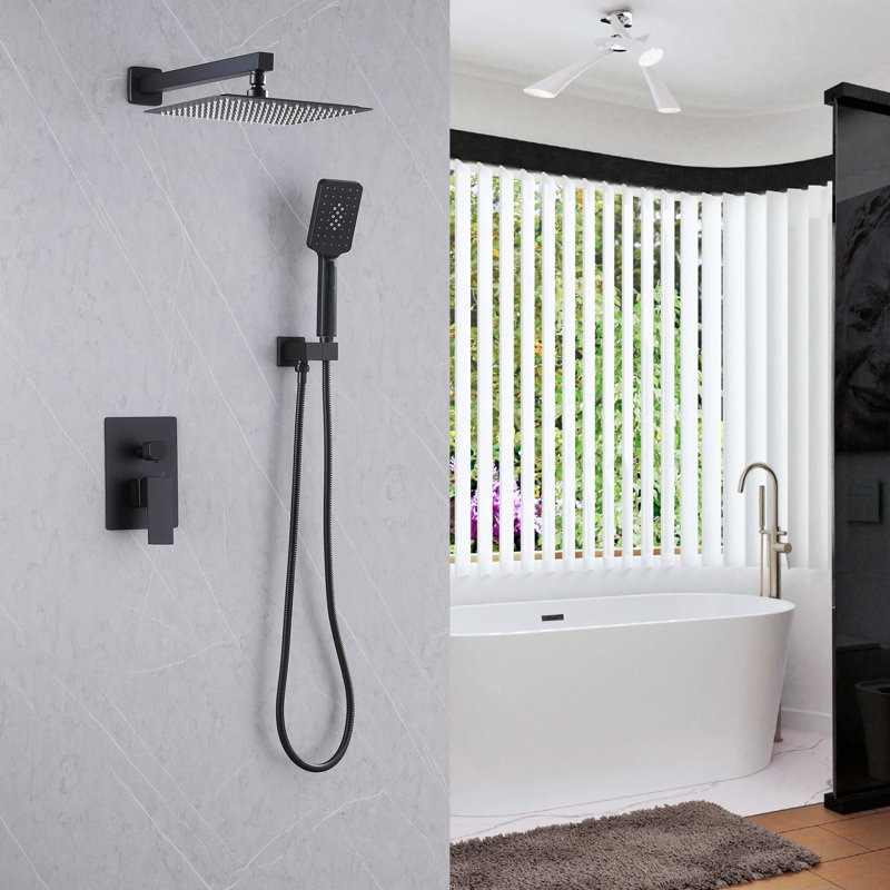 Système de douche complet à pression équilibrée avec valve brute, Noir mat
