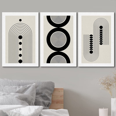 Mid Century Modern Boho Circle Arc Black Abstract Line Neutral-3 Piece Framed Print Set on Canvas