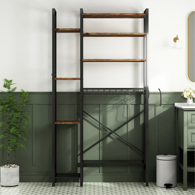 8 rangements de toilette au-dessus de la toilette en noyer, comprenant un support latéral, un panier de bonde et des crochets amovibles, un organisateur de salle de bain autoportant pour la lessive sur le balcon - support compact compact idéal avec tablette ajustable rétro