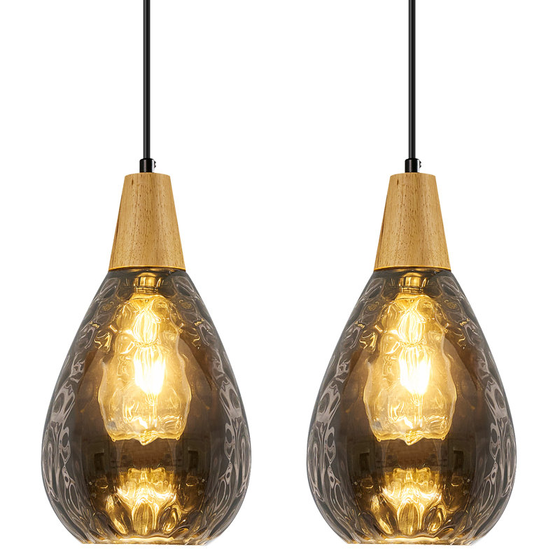 Suspension moderne de style campagnard en verre martelé en forme de larme avec abat-jour en bois pour îlot de cuisine ou chambre