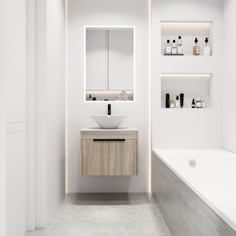 Meuble-lavabo de 24 po avec lavabo en céramique, armoire flottante murale en chêne blanc, porte à fermeture en douceur, rangement spacieux, poignées en métal, style, évier d'art, chêne, charnières à fermeture en douceur, espace inférieur, livraison en 2 pièces