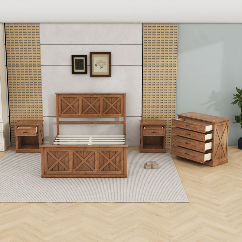 Ensemble de chambre à coucher 4 pièces avec cadre de lit plateforme, tables de chevet et commode spacieuse à 4 tiroirs, Noyer