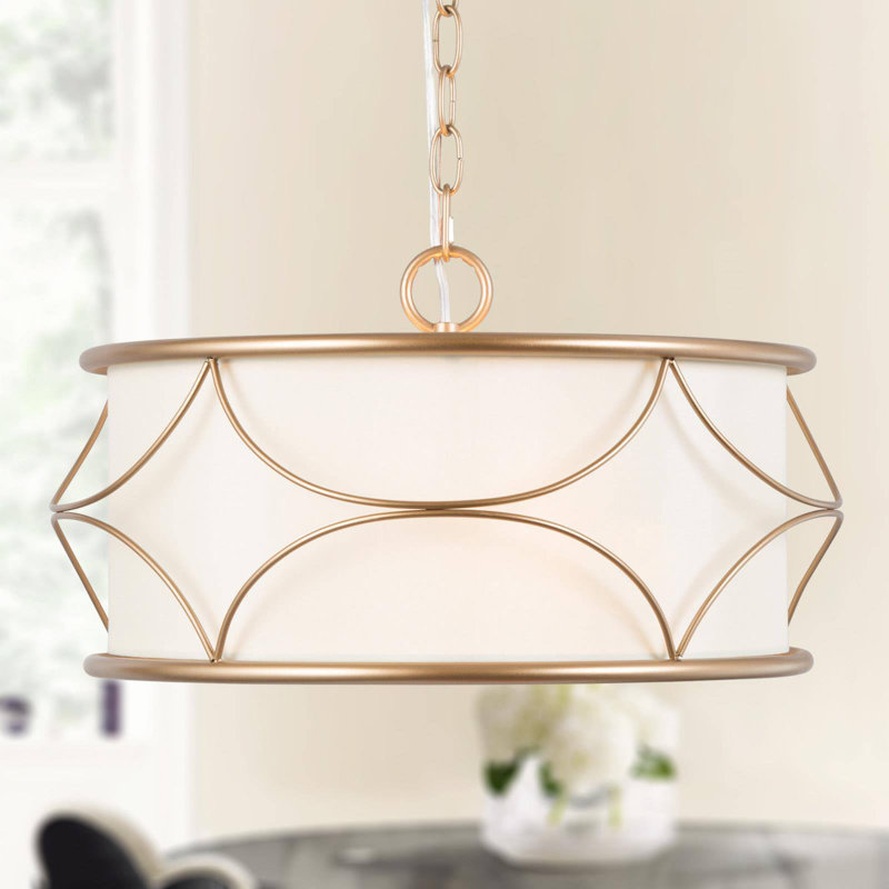 Lustre tambour 3 lumières en tissu doré et blanc classique