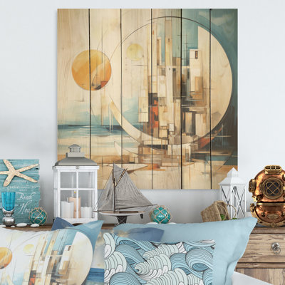 Geometric Coastal Moments Horizon - Coastal Beach Wood Wall Art On Natural Pine Wood