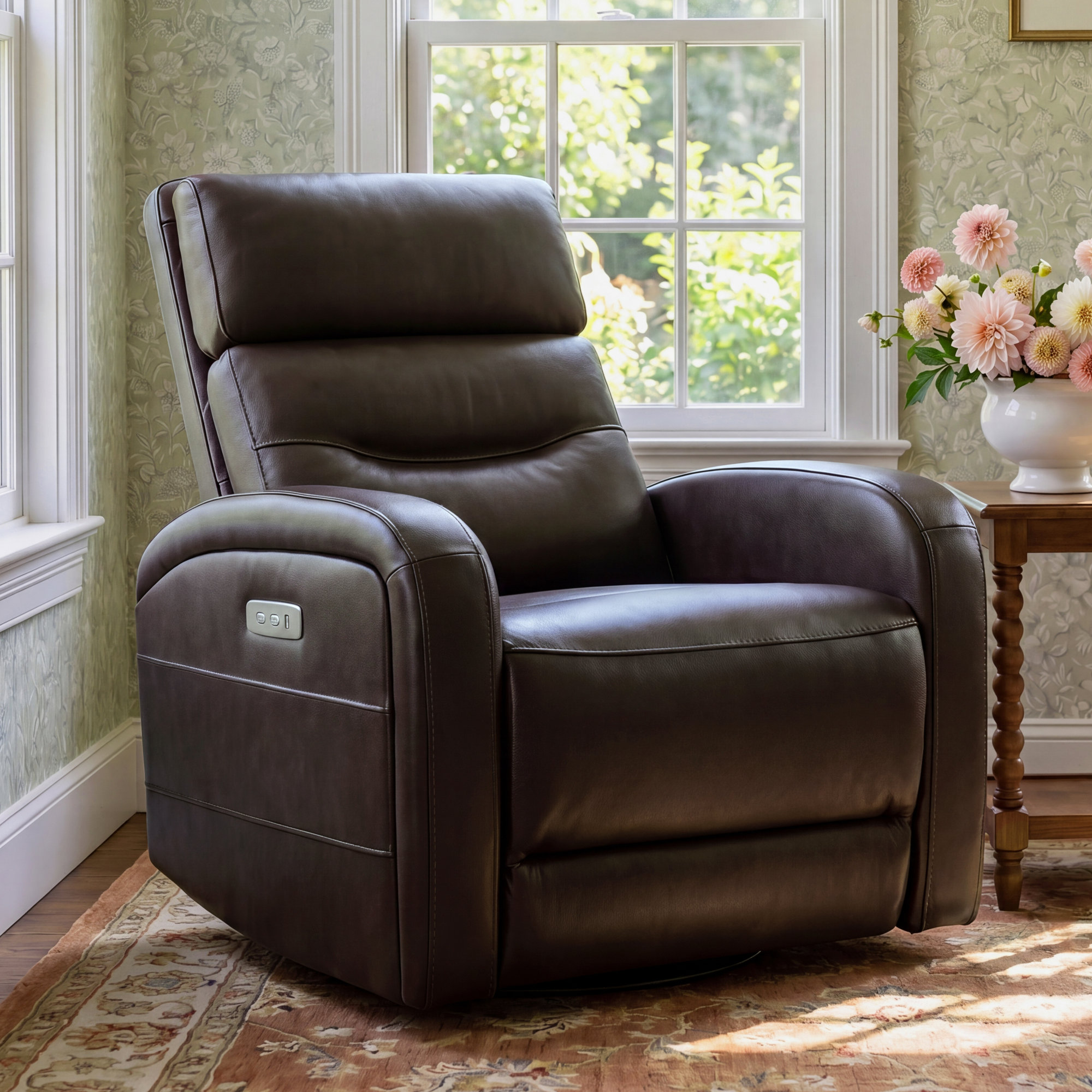 Sia Geniune Leather Swivel Power Recliner, Impression Cognac Top Grain Leather
