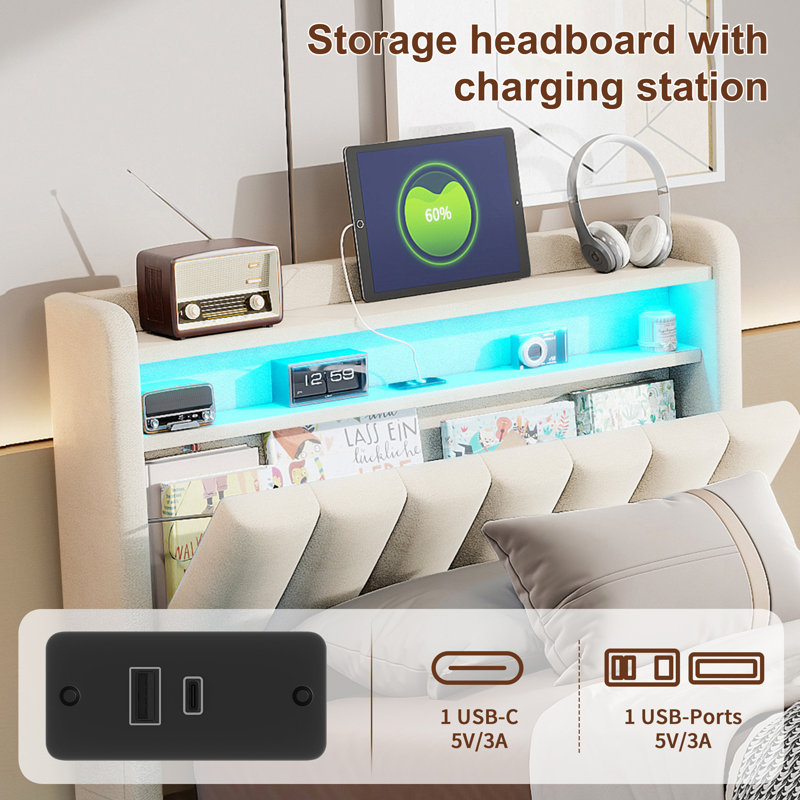 Upholstered Ottoman Storage Bed, 90*190cm, Beige