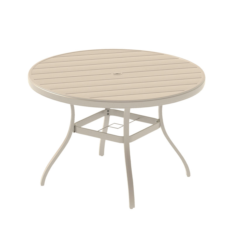 All - Weather Outdoor Round Dining Table For 4 6, Colored Metal With Adjustable Umbrella Hole Deck, Garden, Poolside. Quality Construction Bent Legs, Hand Polished Finish, And Effortless Assembly