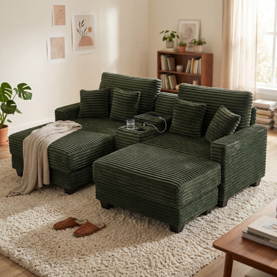 Upholstered Chaise Lounge Chairs Corduroy Double Chaise Sofa With Console USB Ports and 2 Cup Holders