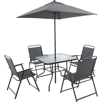4 Outdoor Patio Table And Chair : Metal, Rust-, Umbrella, Water- Fabric, Tempered Glass Top Dining For 4: Metal Furniture With Rust- Steel, ,