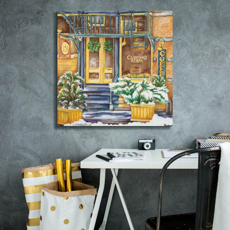 «Cafe Cupping Room Ext Winter» par Andrea Strongwater, art mural sur toile, H 26 po x l 26 po x P 1,5 po